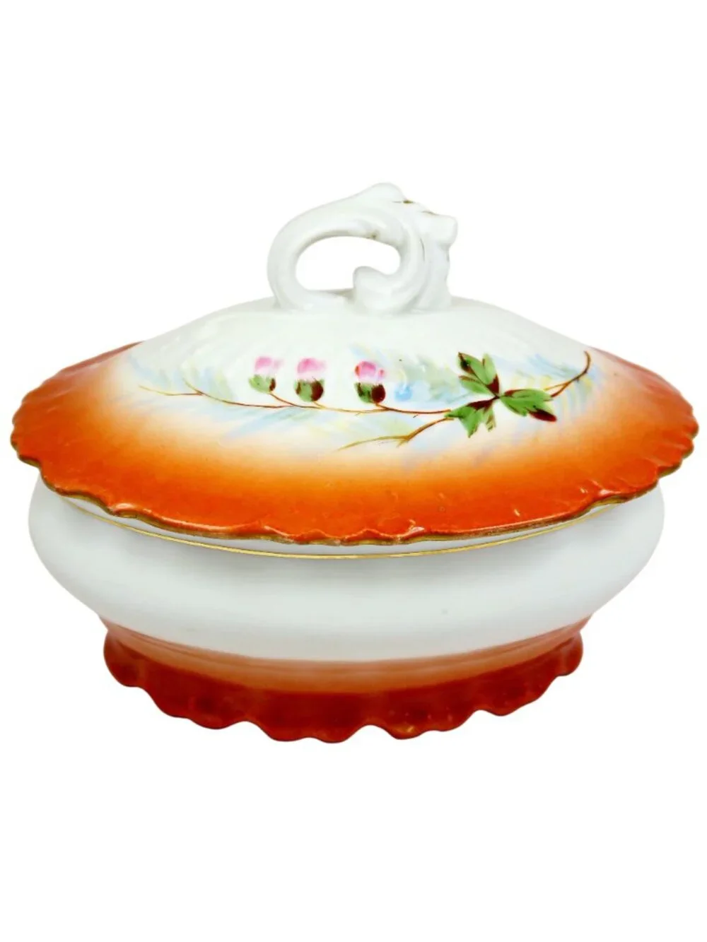 Vintage Luster-Style Covered Vanity Dishes – Rosebud Motif, Hand-Numbered Pair